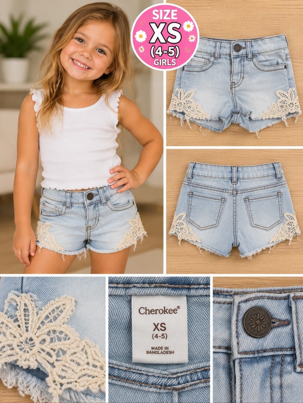 Cherokee girls size XS (4-5) denim lace shorts #34
